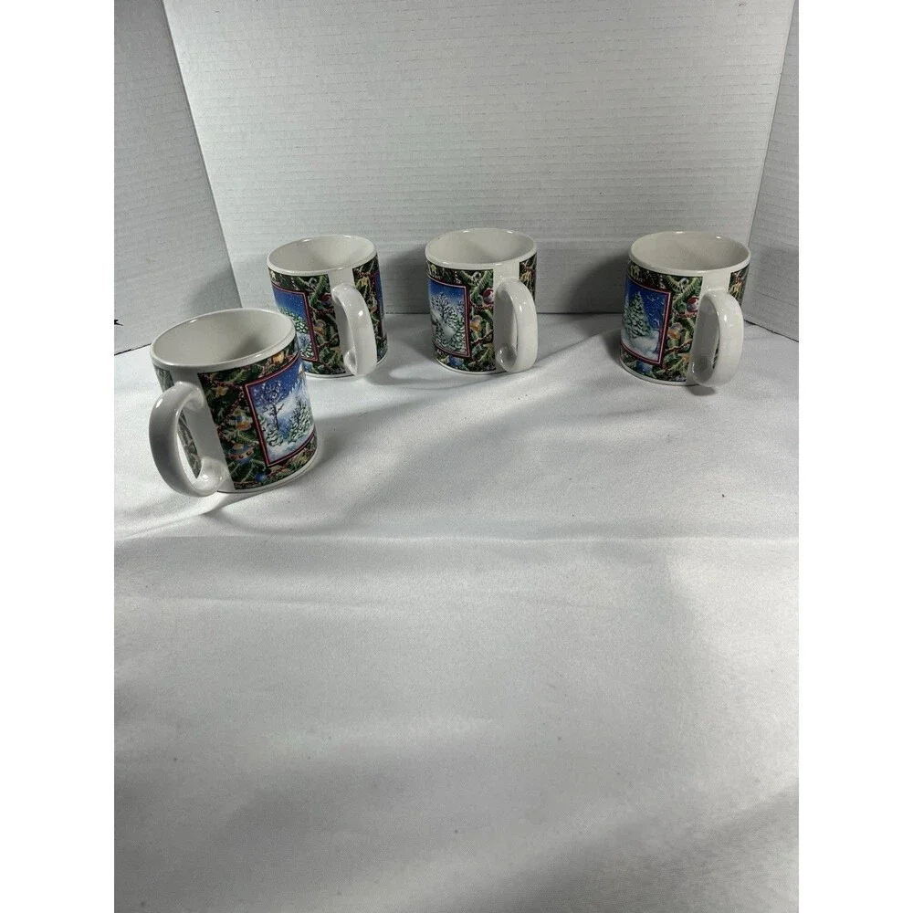 Vintage Sakura Christmas Scene Mugs by Sue Zipkin – Set of 4 (1995)